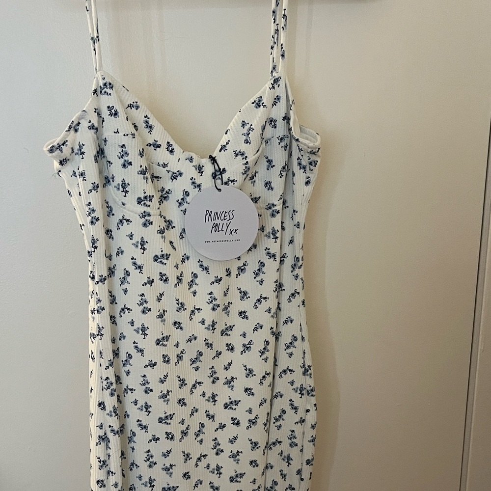 NWT Princess Polly Maxi White Dress with Blue Floral Design
